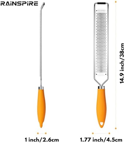 Rainspire Zester Grater with Handle, Lemon Zester Cheese Grater for Kitchen Stainless Steel, Parmesan Cheese Garlic Nutmeg Chocolate Fruits Vegetables Ginger Grater, Fine (Orange)