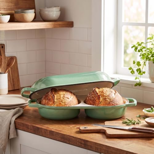 EDGING CASTING Enameled Cast Iron Double Bread Dutch Oven, Sage Green