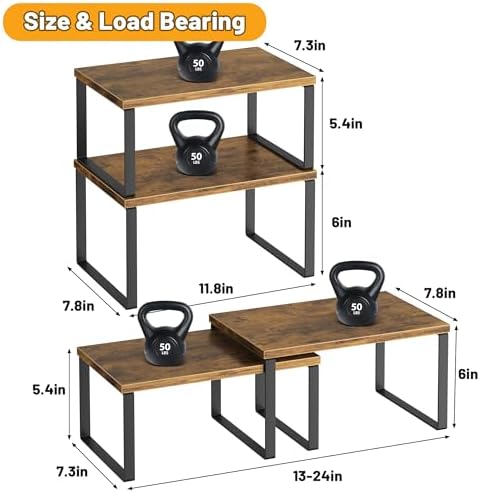 Kitchen Cabinet Organizer Shelf Set of 4, Sturdy Kitchen Counter Shelves with Metal Legs, Stackable Expandable Wood Spice Rack Pantry Cupboard Dish Mug Cup Storage Organizer Shelf, Rustic Brown