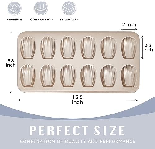 HONGBAKE Nonstick Madeleine Pan 2 Pack 12-Cavity Heavy Duty Madeleine Cookies Trays for Oven Baking, Warp Resistant Shell Shape Madeleine Mold Cake Pan, Champagne Gold