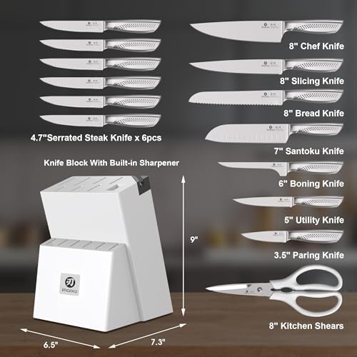 imarku 15pc Japanese HC Steel Knife Set, Built-in Sharpener, White