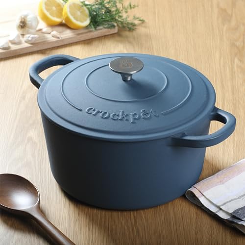 Crock-Pot Artisan 7-Quart Round European Enameled Cast Iron Dutch Oven – Matte Navy Blue, Durable Oven Safe Cookware