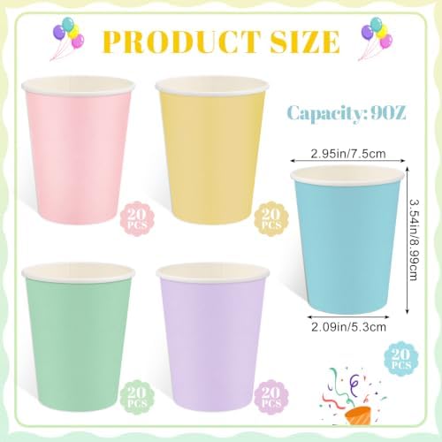 NatNarr 100 Pack Pastel Paper Cups, 9oz Pastel Party Cups
