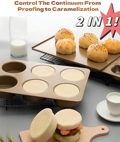 Muffin Top Pan with Lid 3.7inch Jumbo Size, 6 Cup Straight Side Professional English Muffin Cupcake Pan for Baking, Non-Stick Hamburger Bread Forms - Stainless Steel, Gold, Bear Shape
