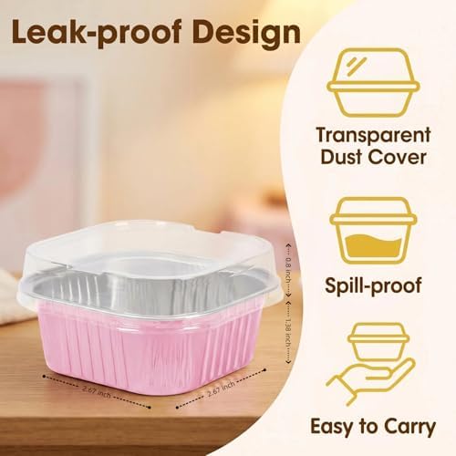 50 Pack Mini Cake Pans With Lids And Spoons,5oz Square Aluminum Foil Brownie Baking Cups,Small Cake Tins,Individual Cake Pans With Lids for Wedding Birthday Party (Gold)