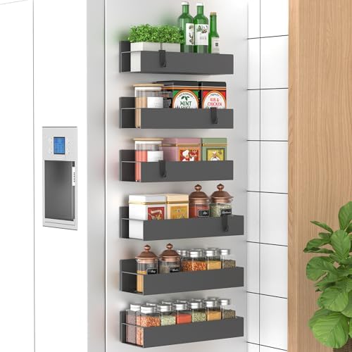 HuggieGems Metal Magnetic Spice Rack for Refrigerator Dark Gray, 6 Pack