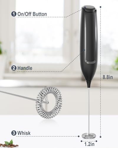 Milk Frother Handheld Battery, Electric Foam Maker Frother Wand, Drink Mixer with Stainless Steel Whisk for Coffee, Matcha, Lattes, Cappuccino Black
