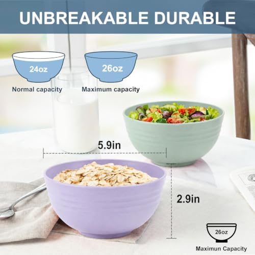Cereal Bowls 26oz, Unbreakable & Lightweight Wheat Straw Bowls Sets of 6, Kitchen Bowls for Ramen, Soup, Salad, Microwave Safe Bowls for Camping, Dorm, Party - Colorful