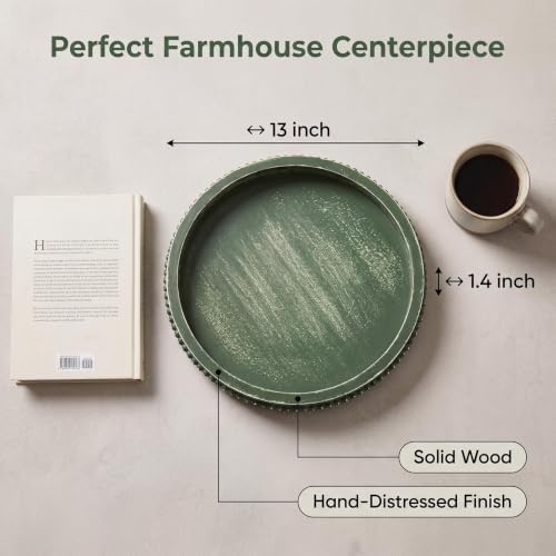 Hrastany Round Green Wood Decorative Tray, Coffee Table Tray for Ottoman