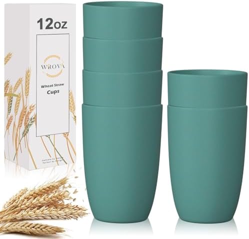 Wrova Wheat Straw Cups 6 PCS Good Alternative to Plastic Reusable Cups 12 oz Unbreakable Drinking Cup Reusable Dishwasher Safe Water Plastic Glasses Green