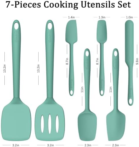 Coukre Silicone Spatula Set of 7, BPA Free Food Grade Silicone Cooking Utensils, Heat Resistant Kitchen Tools for Nonstick Cookware, Dishwasher Safe Spatulas for Cooking and Baking（7,PureAquaGreen）