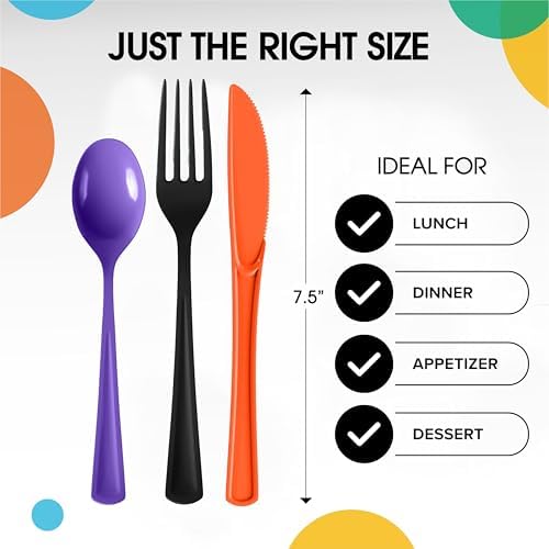 Party Solids Halloween Plastic Silverware Heavy Duty 150 Pieces Halloween Plastic Cutlery Sets Utensil Sets 50 of Each Forks Knives & Spoons Disposable Cutlery Set Flatware Set for Party Supplies
