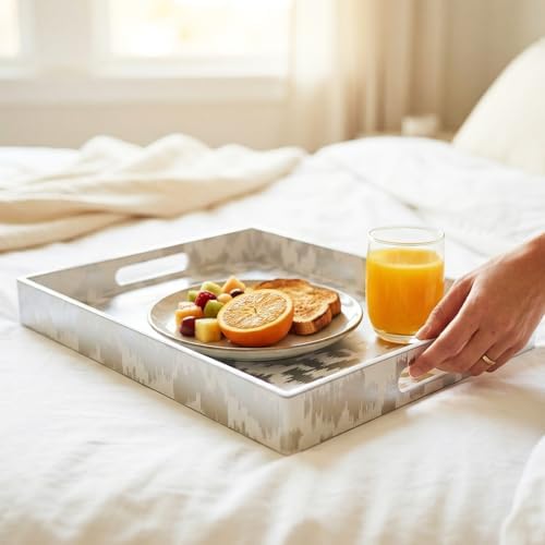 White & Silver Glitter Abstract Serving Tray with Handles, 15.8”x11.7”x1.6” Rectangular Decor Tray – Multipurpose for Breakfast in Bed, Bathroom Vanity, Living Room & Entertaining