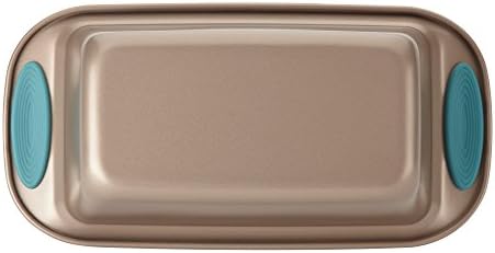 Rachael Ray Cucina Bakeware Oven Lovin' Nonstick Loaf Pan, 9-Inch by 5-Inch Steel Pan, Latte Brown with Agave Blue Handles