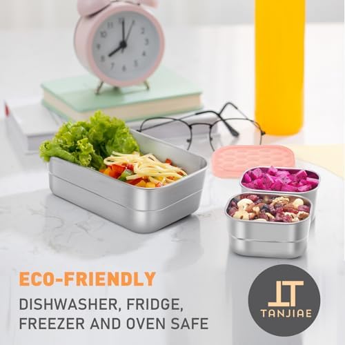 Tanjiae Small Stainless Steel Lunch Containers for Kids | Leak Proof Snack Containers with Silicone Lids - Perfect Metal Lunch Box with Lids for School and Daycare (25oz+8oz*2)