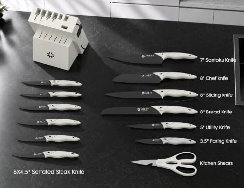 ASETY Kitchen Knife Set with Block 15 PCS, Dishwasher Safe Kitchen Knives