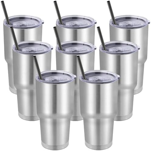 DOMICARE 30oz Tumbler Bulk with Lid and Straw, Double Wall Travel Coffee Mug, Insulated Vacuum Stainless Steel Tumblers, Powder Coated Tumbler Cup (Stainless Steel, 8)
