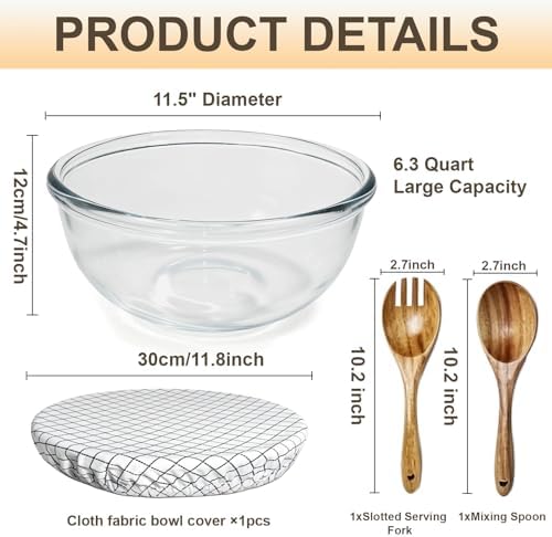 6.3 Quart Large Glass Mixing Bowl with Covers&Serving Utensils