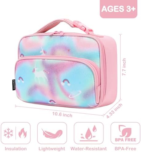 FlowFly Kids Lunch box Insulated Soft Bag Mini Cooler Back to School Thermal Meal Tote Kit for Girls, Boys,Glitter-Unicorn