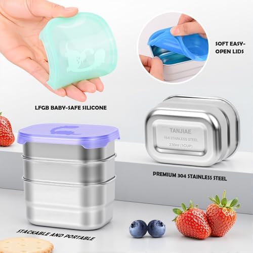 Tanjiae 4×8oz Small Stainless Steel Snack Containers for Kids & Toddlers - 230mL Leakproof Food Containers with Cute Dino Lids | LFGB Certified, Stackable Metal Snack Box for Daycare, School, Travel