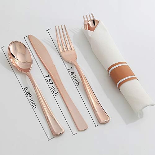 Supernal 30 Pack Pre Rolled Rose Gold Plastic Silverware, Linen Napkin