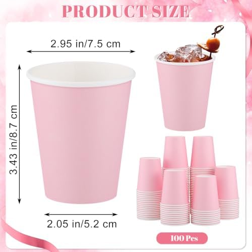 NatNarr 100 Pack Pink Paper Cup, 9oz Pink Party Cups Drinking Cups