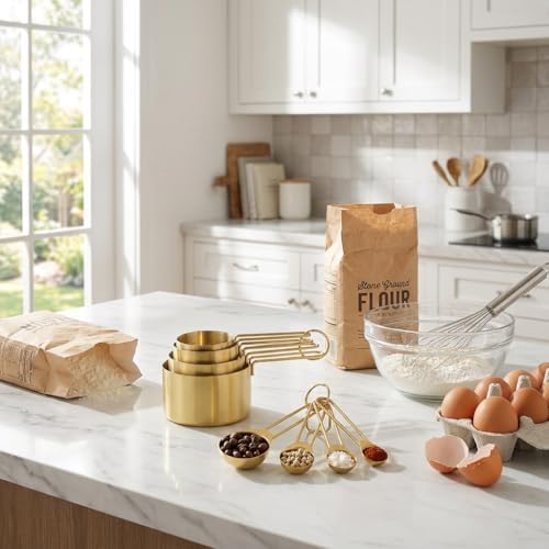 Measuring Cups and Spoons Set, 8-Piece Professional Stainless Steel Measuring Cups and Measuring Spoons Set with Luxurious Gold Finish, Heavy-Duty Metal Measuring Cups for Baking