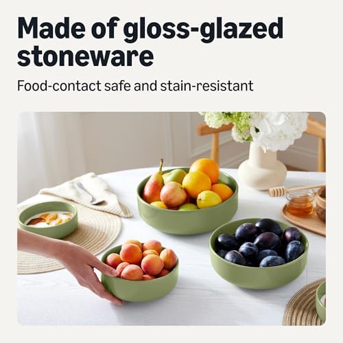 Amazon Basics Ceramic Serving Bowls Set Of 3, Glazed Stoneware (6", 8" & 10"), Nestable Space-Saving, Stain-Resistant, Microwave & Dishwasher-Safe, Olive