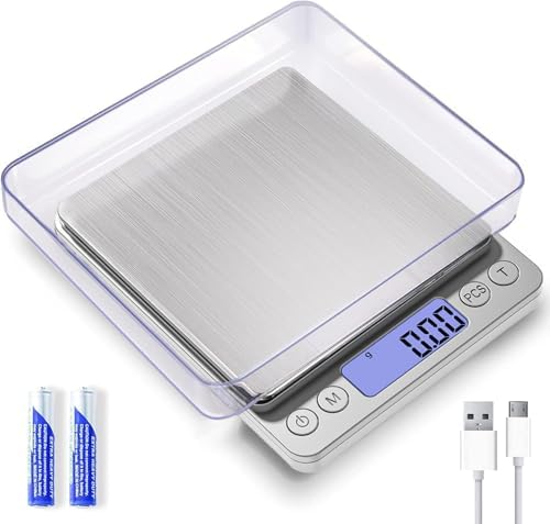 Digital Gram Scale 1000g/0.01g, Scale for Food Ounces and Grams, Upgrade USB Charging Kitchen Scale Digital Weight for Cooking, Baking, Tare Function, 9 Units, 2 Tray