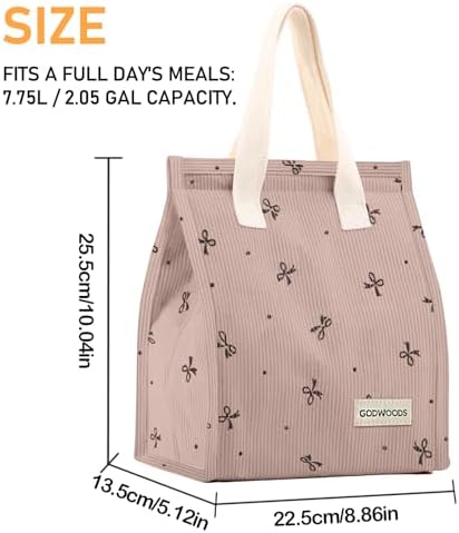TELLUMO Corduroy Insulated Lunch Bag, 7.75L Large Capacity Reusable Lunch Box, Cute Lunch Tote for Women Men, Leakproof Lunch Cooler for Work Picnic Travel (Corduroy Pinkbow)