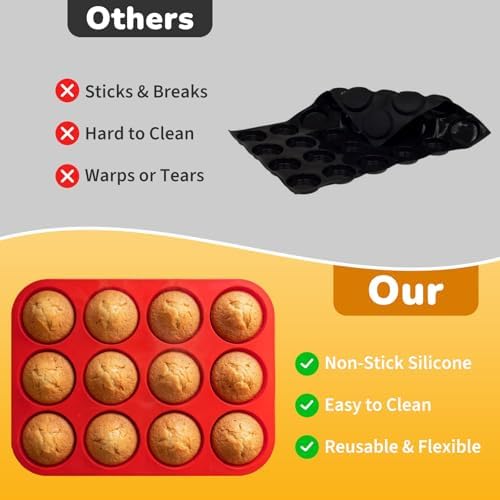 2 Pack Silicone Cupcake Pan for Baking, Nonstick Silicone Muffin Pans, 12 Cups Regular Size Cupcake Pan, Durable and Flexible, Quick-Release, Easy to Clean, Ideal for Home Baking and Party, Red