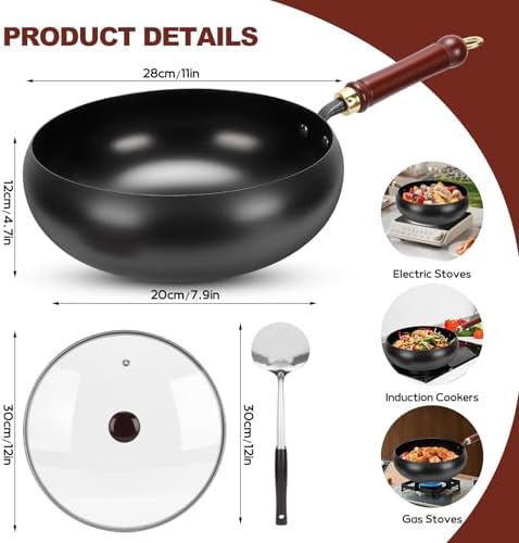Gugxiom Suntuup Japanese Iron Pan, 28cm/11in Cast Iron Wok (Glass lid)
