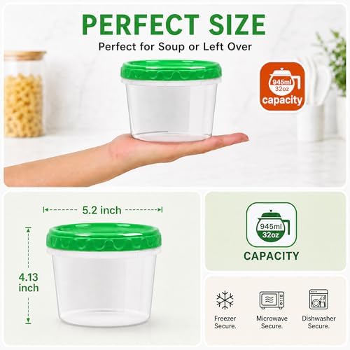 EONJOE 32oz Plastic Freezer Food Leftovers Containers with Lids, 12pcs