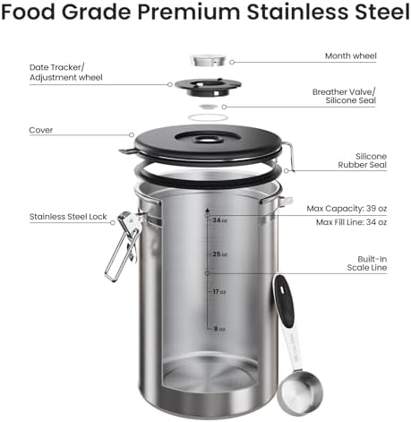 Veken Coffee Canister,39OZ, 2.2lbs,Large Airtight Stainless Steel Container Kitchen Food Storage Jars for Beans,Ground, Espresso, Rice,Tea, Sugar, Cereal, Gifts, Date Tracker, Scoop, Silver(Pack of 2)