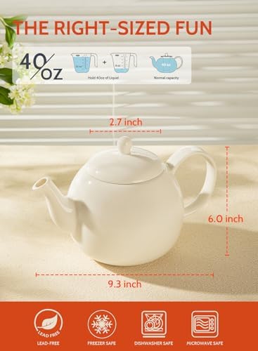 Sweese Porcelain Teapot, 40 Ounce Tea Pot - Large Enough for 5 Cups, White (Pack of 3)