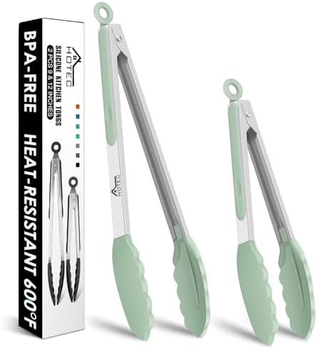 Hotec Premium Stainless Steel Locking Kitchen Tongs with Silicon Tips, Set of 2-9" and 12" Light Green
