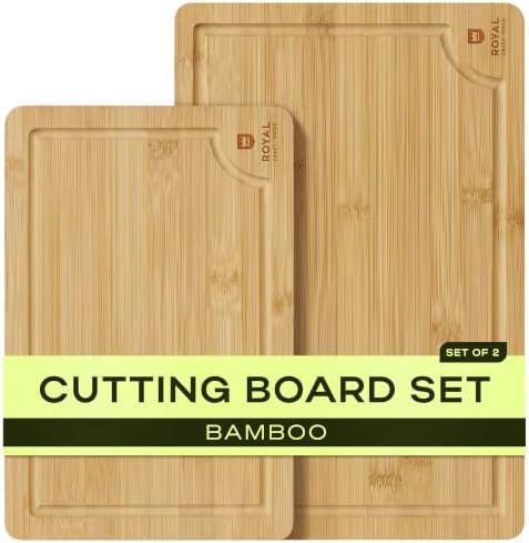ROYAL CRAFT WOOD Wooden Cutting Boards for Kitchen Meal Prep & Serving - Bamboo Wood Serving Board Set with Deep Juice Groove Side Handles - Charcuterie & Chopping Butcher Block for Meat