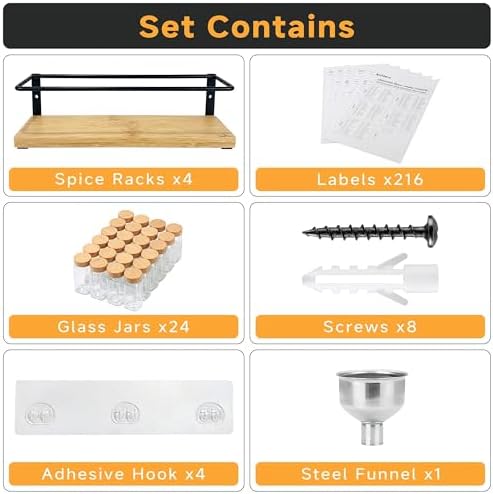 4-Tier Wall Mount Spice Rack Organizer with 24 Glass Jars, 216 Labels & Funnel - Screw/Adhesive Mount, Black Metal & Bamboo Spice Storage for Kitchen Pantry Cabinet, 11.6”W x 2.4”D x 3.2”H