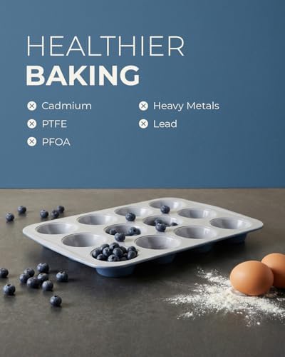 CARTMAN Ceramic Muffin Pan 12 Cup with 200 Cupcake Liners, Non-Stick & Non-Toxic Baking Tin for Healthy Muffins and Cupcakes, Perfect for Home Kitchens and Parties