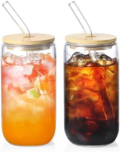 2 Pack Glass Cups with Bamboo Lids and Straws 16 oz, Gifts for Women, Drinking glasses set, Iced Coffee, Tea Cup, Cute Aesthetics Tumbler Cup, Mothers Day, Birthday Gifts for Her Mom