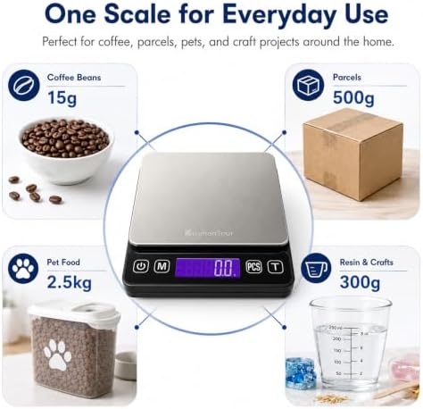 KitchenTour Digital Kitchen Gram Scale - 3000g/0.1g - High Accuracy Precision Food Scale with 9 Units(g/oz/ml/lb/lb:oz/gn/ozt/DWT/ct) - Meat Scale with Back-Lit LCD Display(Batteries Included)