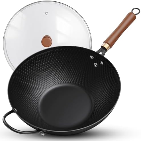 Todlabe Wok with Lid, 13 Inch Carbon Steel Woks & Stir-fry Pans Nonstick