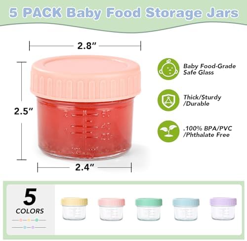 RowinsyDD 5 Pack Baby Food Containers, 4 oz Glass Baby Food Jars with Lids