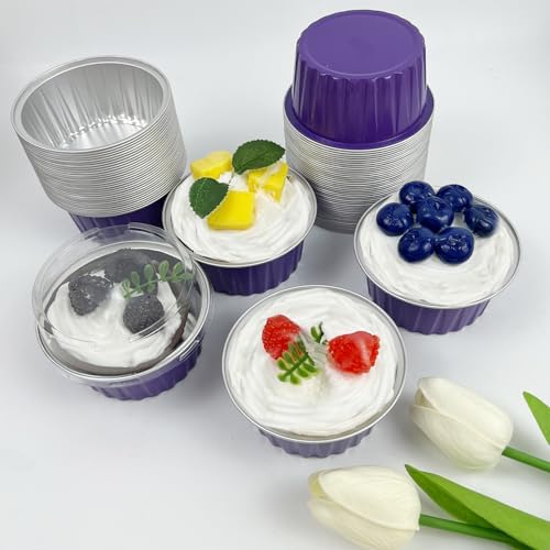100Pcs Aluminum Cups with Lids,5oz Disposable Ramekin Baking Cups Muffin Liners Mini Pie Pans Foil Cupcake Containers for Christmas Party Wedding Party,Dark Purple