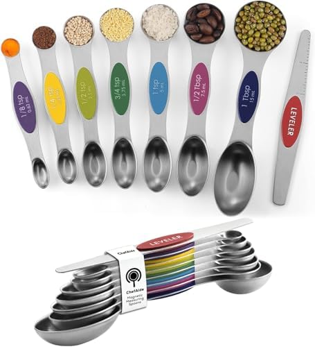 ChefAide Set of 8 Magnetic Measuring Spoons, Stainless Steel, Dual Sided