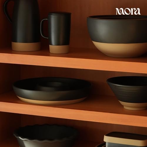 MORA Ceramic Chips and Dip Serving Tray: Large Divided Party Bowl Set for Chips & Salsa, Veggies & Dip, Fruit, Snacks, Entertaining, Hosting, etc. Minimalist Design for the Modern Hostess - Liquorice