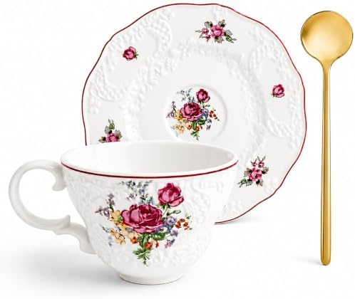 Tea Cup and Saucers Set, 8 OZ Vintage Rose Tea Cup with Saucer Spoon