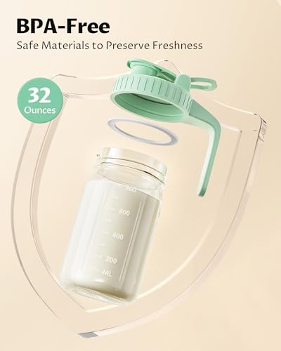 Mason Jar Pitcher Set of 2, 32oz(1quart) Glass Breast Milk Pitcher with Lid