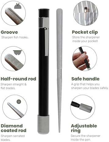 Wamery Serrated Knife Sharpener, Retractable Diamond Rod Pocket (Black)