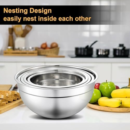 hunnycook 5 Piece Mixing Bowl Set - Mixing Bowls with Lid, Stainless Steel Mixing Bowls for Baking, Size 1.5, 2.1, 3.5, 4, 4.5QT, Baking Bowl for Food Preparation, Mixing and Serving Foods